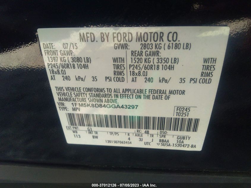 2016 FORD EXPLORER XLT - 1FM5K8D84GGA43297