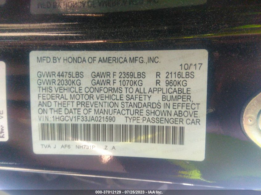 2018 HONDA ACCORD SEDAN SPORT 1.5T - 1HGCV1F33JA021590