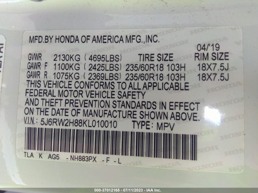 2019 HONDA CR-V EX-L - 5J6RW2H88KL010010