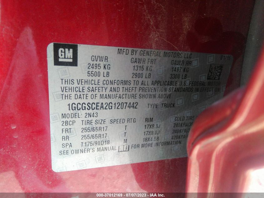 2016 CHEVROLET COLORADO 2WD LT - 1GCGSCEA2G1207442
