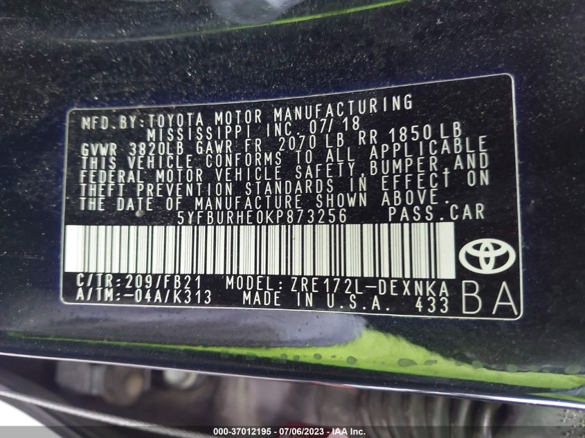 2019 TOYOTA COROLLA L/LE/SE/XLE/XSE - 5YFBURHE0KP873256