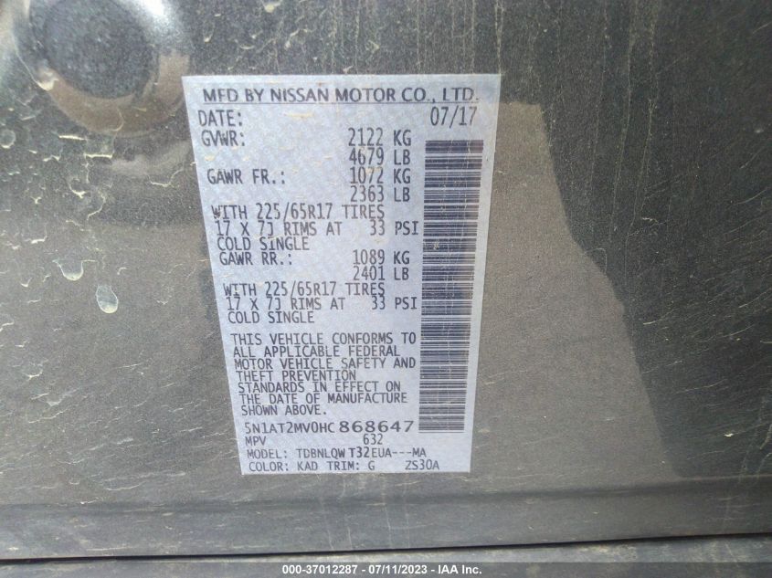 2017 NISSAN ROGUE SV - 5N1AT2MV0HC868647
