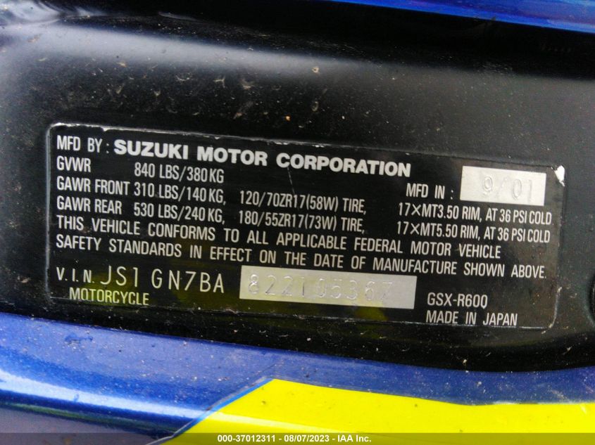 2002 SUZUKI GSX-R600 - JS1GN7BA822105367