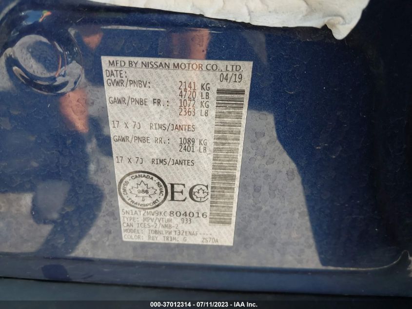 2019 NISSAN ROGUE S/SV/SL - 5N1AT2MV9KC804016