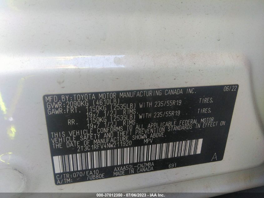 2022 TOYOTA RAV4 XLE PREMIUM - 2T3C1RFV4NW211920
