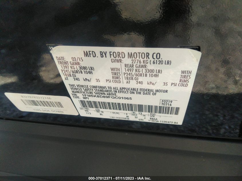 2015 FORD EXPLORER XLT - 1FM5K8D89FGC01065