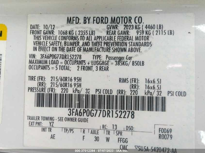 2013 FORD FUSION S - 3FA6P0G77DR152278