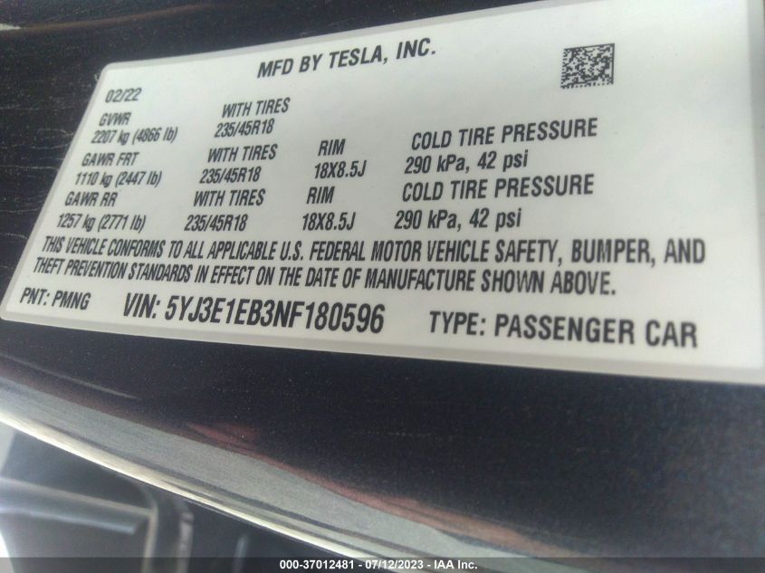 2022 TESLA MODEL 3 LONG RANGE - 5YJ3E1EB3NF180596