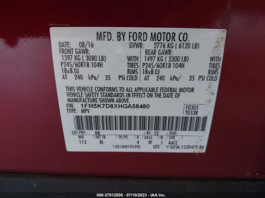 2017 FORD EXPLORER XLT - 1FM5K7D8XHGA58480