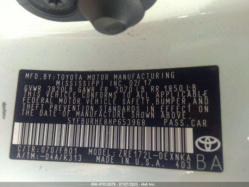 2017 TOYOTA COROLLA L/LE/XLE/SE/XSE - 5YFBURHE8HP653968
