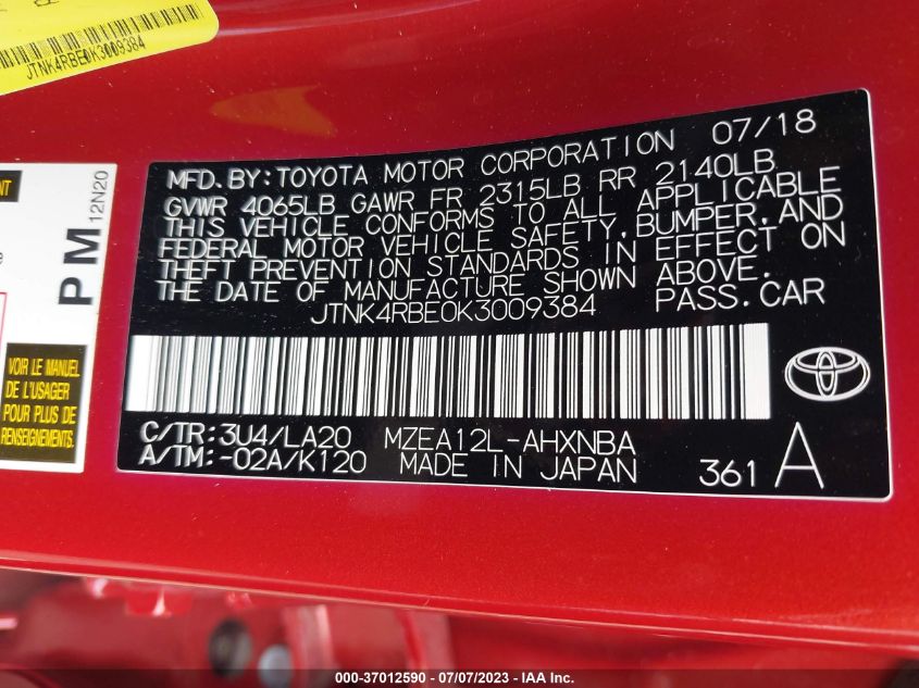 2019 TOYOTA COROLLA HATCHBACK SE/XSE JTNK4RBE0K3009384