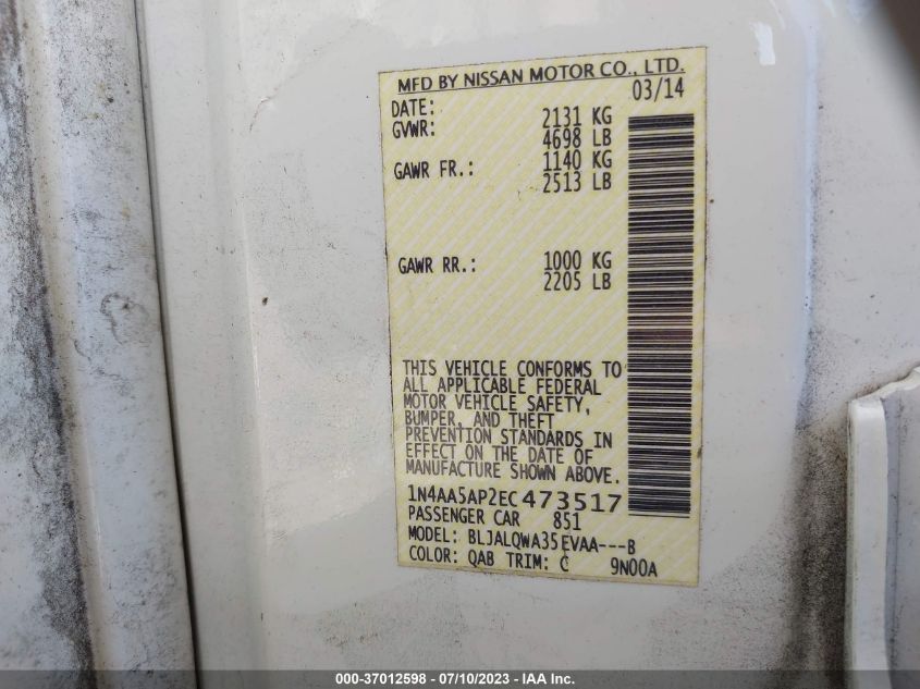 2014 NISSAN MAXIMA 3.5 S - 1N4AA5AP2EC473517