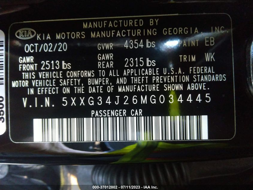 2021 KIA K5 EX - 5XXG34J26MG034445