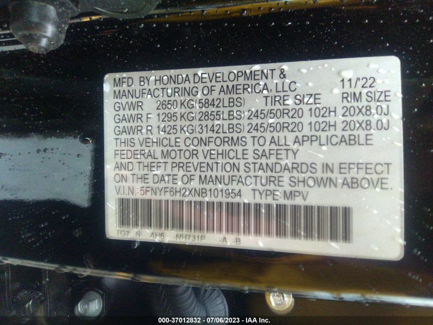 2022 HONDA PILOT SE - 5FNYF6H2XNB101954