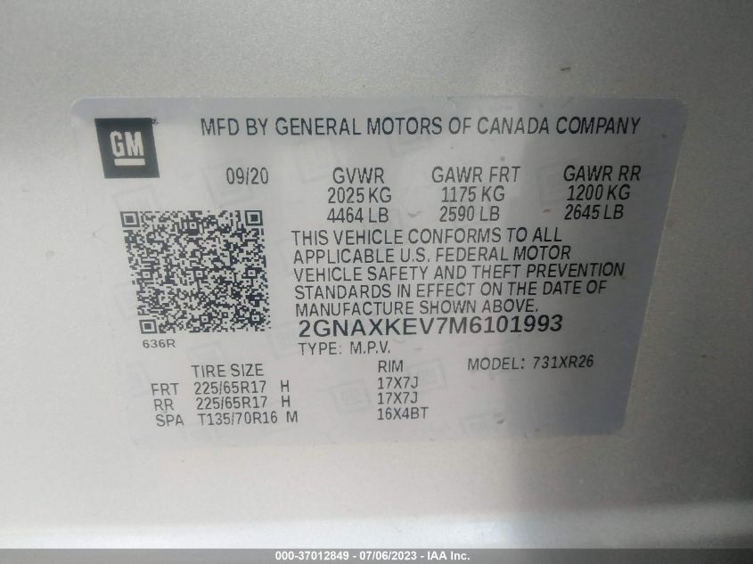 2021 CHEVROLET EQUINOX LT - 2GNAXKEV7M6101993