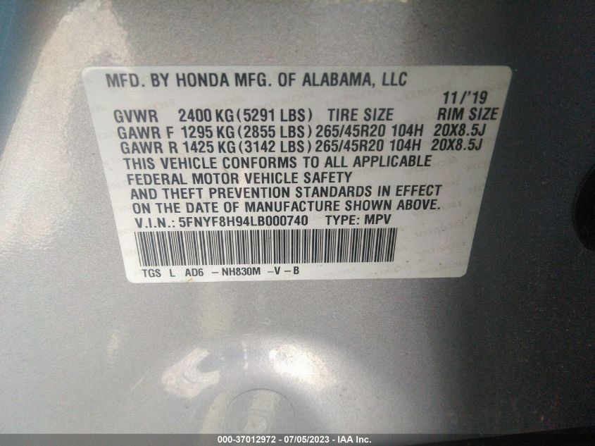 2020 HONDA PASSPORT TOURING - 5FNYF8H94LB000740