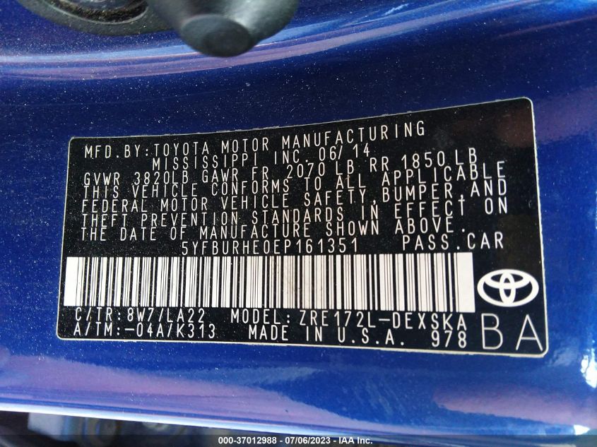 2014 TOYOTA COROLLA L/LE/S/S PLUS/LE PLUS - 5YFBURHE0EP161351