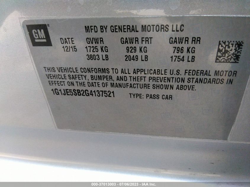 2016 CHEVROLET SONIC LTZ - 1G1JE5SB2G4137521