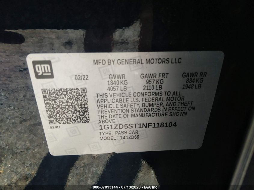 2022 CHEVROLET MALIBU LT - 1G1ZD5ST1NF118104