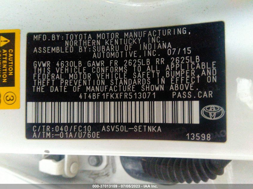 2015 TOYOTA CAMRY XLE/SE/LE/XSE - 4T4BF1FKXFR513071