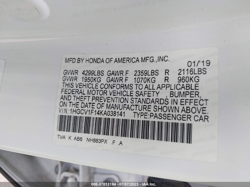 2019 HONDA ACCORD SEDAN LX 1.5T - 1HGCV1F14KA038141