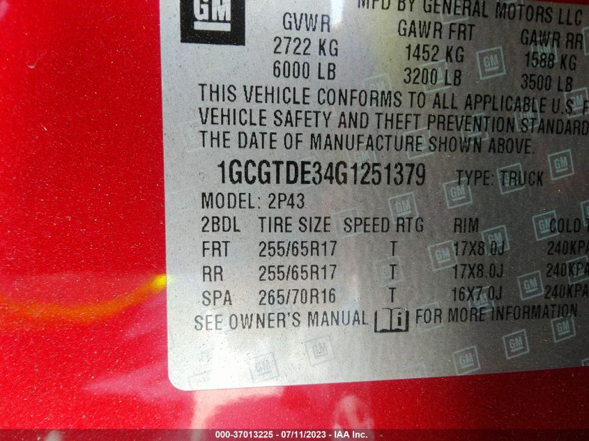 2016 CHEVROLET COLORADO 4WD Z71 - 1GCGTDE34G1251379