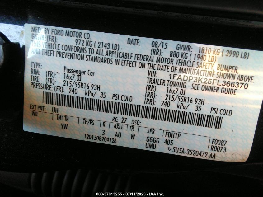 2015 FORD FOCUS SE - 1FADP3K25FL366370