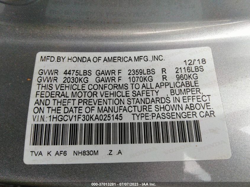 2019 HONDA ACCORD SEDAN SPORT 1.5T - 1HGCV1F30KA025145
