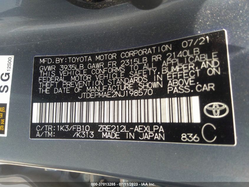 2022 TOYOTA COROLLA LE - JTDEPMAE2NJ198570