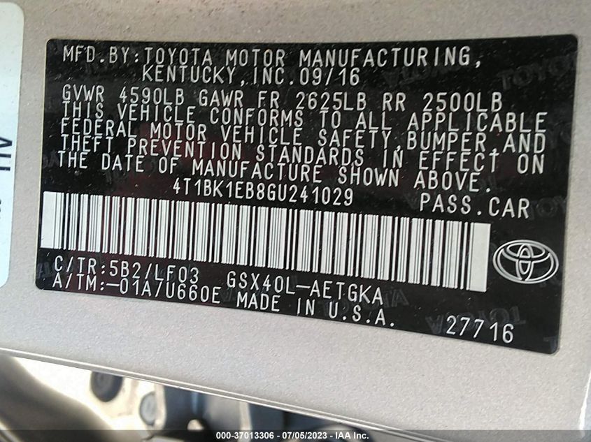 2016 TOYOTA AVALON LIMITED/TOURING/XLE - 4T1BK1EB8GU241029