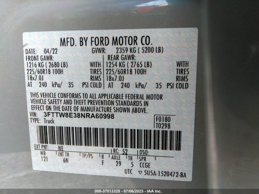 2022 FORD MAVERICK XL/XLT/LARIAT - 3FTTW8E38NRA60998