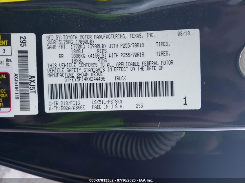 2019 TOYOTA TUNDRA 2WD SR5/LIMITED/PLATINUM - 5TFEY5F14KX244496