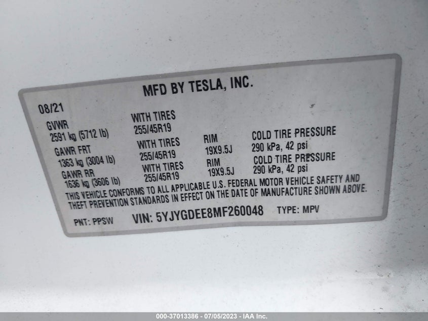 VIN 5YJYGDEE8MF260048 2021 TESLA MODEL Y LONG RANGE