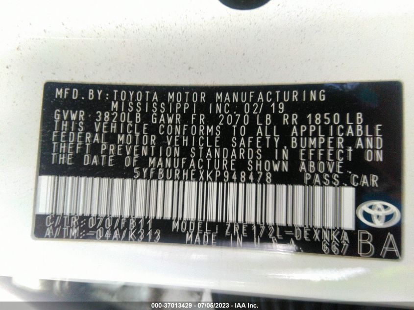 2019 TOYOTA COROLLA L/LE/SE/XLE/XSE - 5YFBURHEXKP948478