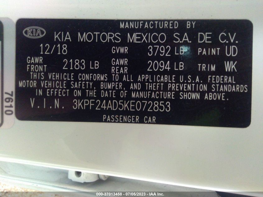 2019 KIA FORTE LXS - 3KPF24AD5KE072853