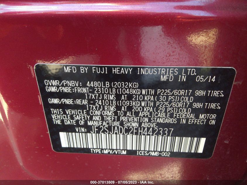 2015 SUBARU FORESTER 2.5I PREMIUM - JF2SJADC2FH442337