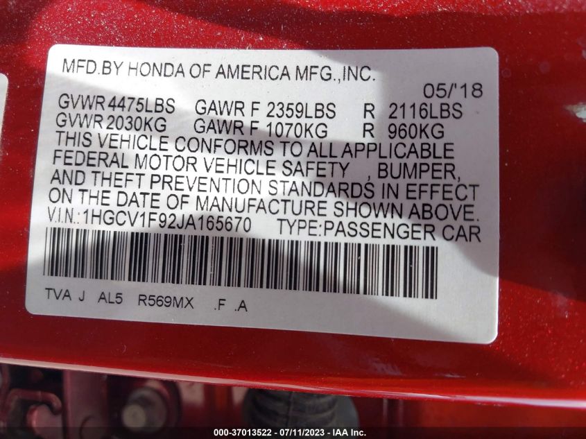 2018 HONDA ACCORD SEDAN TOURING 1.5T - 1HGCV1F92JA165670