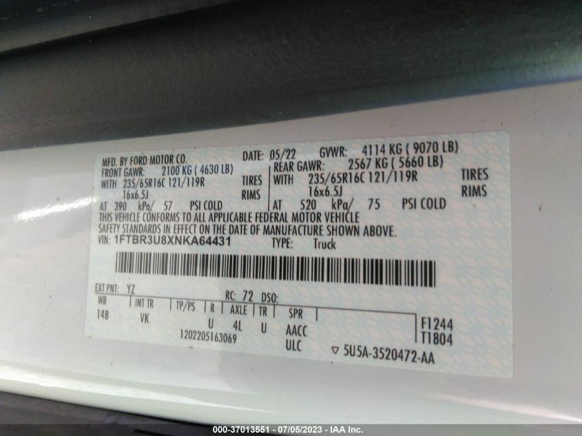 2022 FORD TRANSIT CARGO VAN - 1FTBR3U8XNKA64431