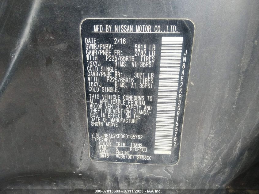 2016 NISSAN QUEST SV/S/PLATINUM/SL - JN8AE2KP3G9155762