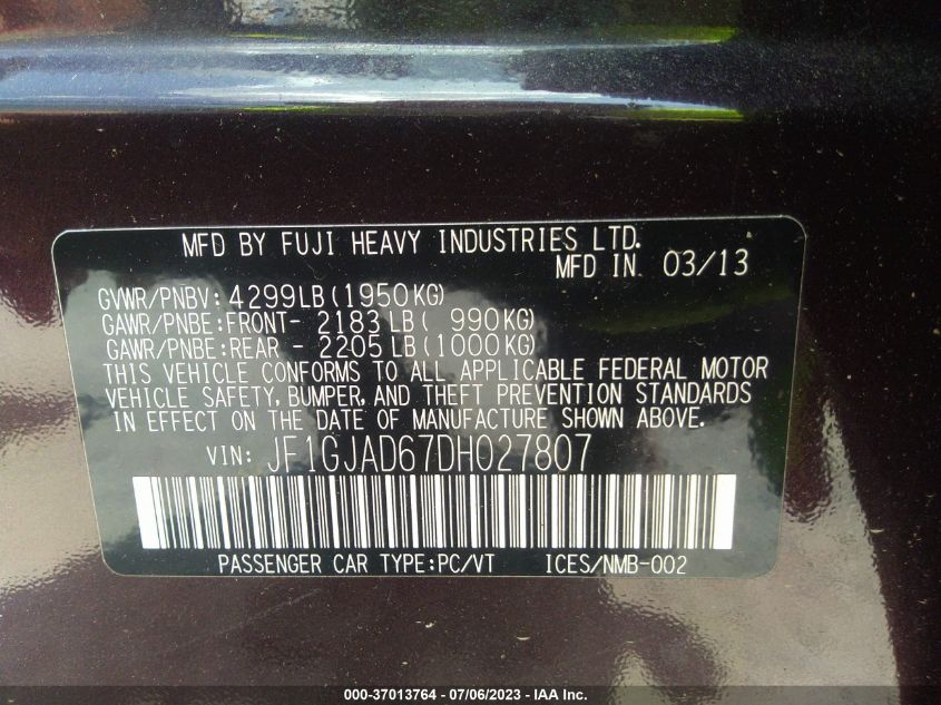 2013 SUBARU IMPREZA SEDAN PREMIUM - JF1GJAD67DH027807