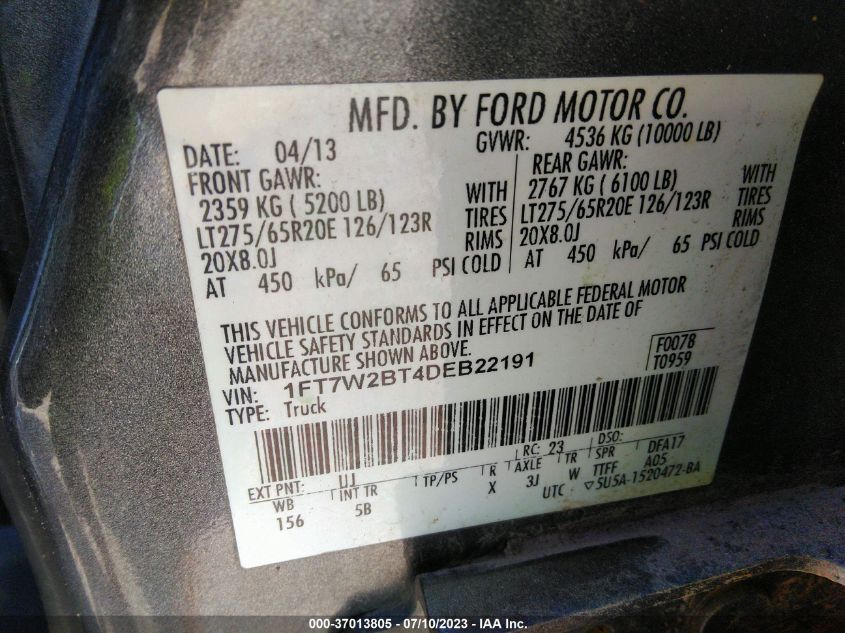 2013 FORD SUPER DUTY F-250 SRW XL/XLT/LARIAT - 1FT7W2BT4DEB22191