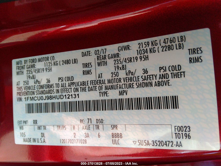 VIN 1FMCU0J98HUD12131 2017 FORD ESCAPE TITANIUM