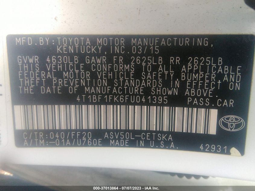 2015 TOYOTA CAMRY LE/XLE/SE/XSE - 4T1BF1FK6FU041395