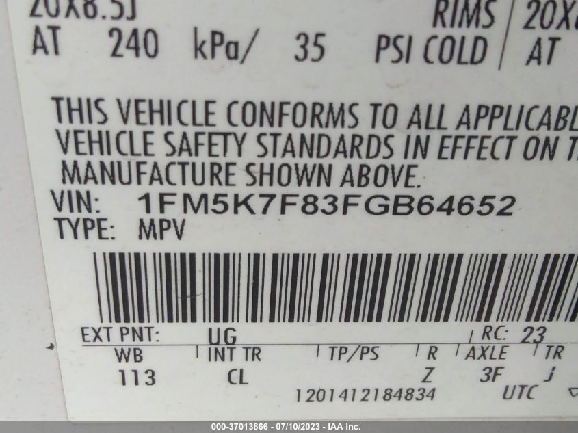2015 FORD EXPLORER LIMITED - 1FM5K7F83FGB64652