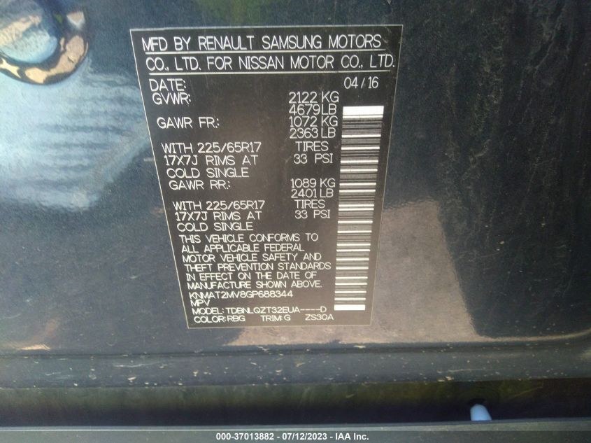 2016 NISSAN ROGUE SV - KNMAT2MV8GP688344