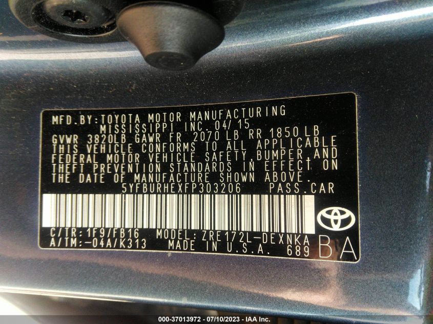 2015 TOYOTA COROLLA L/LE/S/S PLUS/LE PLUS - 5YFBURHEXFP303206