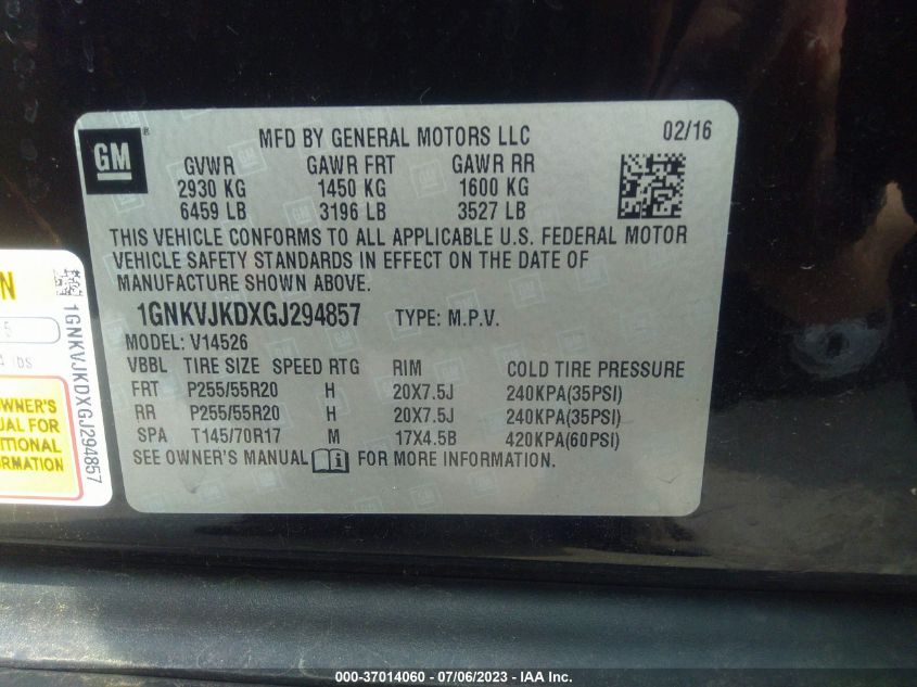 2016 CHEVROLET TRAVERSE LTZ - 1GNKVJKDXGJ294857