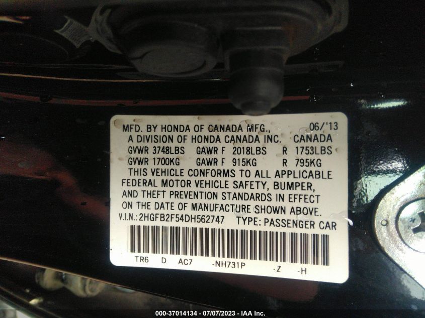 2013 HONDA CIVIC SDN LX - 2HGFB2F54DH562747