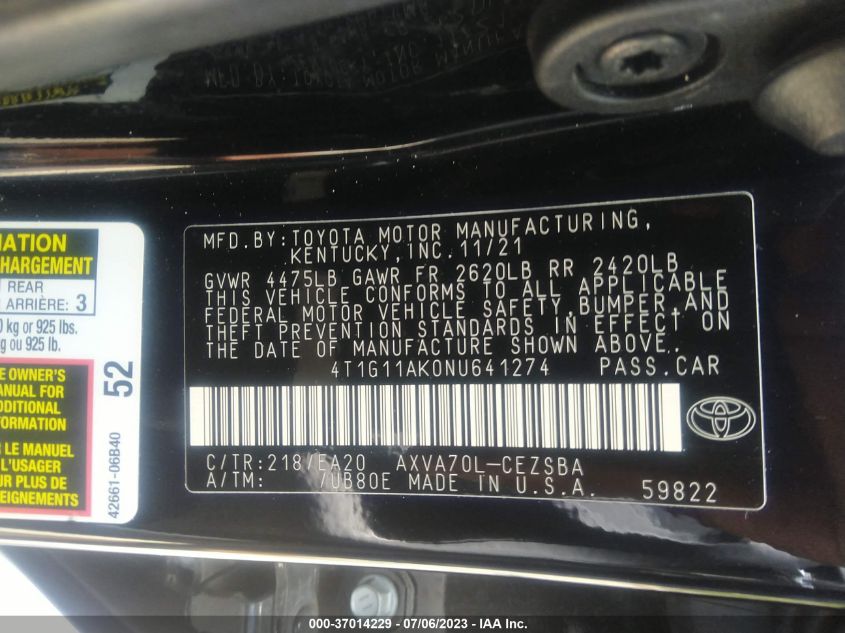 2022 TOYOTA CAMRY SE - 4T1G11AK0NU641274