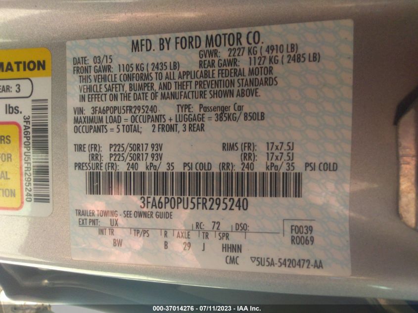 2015 FORD FUSION ENERGI SE LUXURY - 3FA6P0PU5FR295240